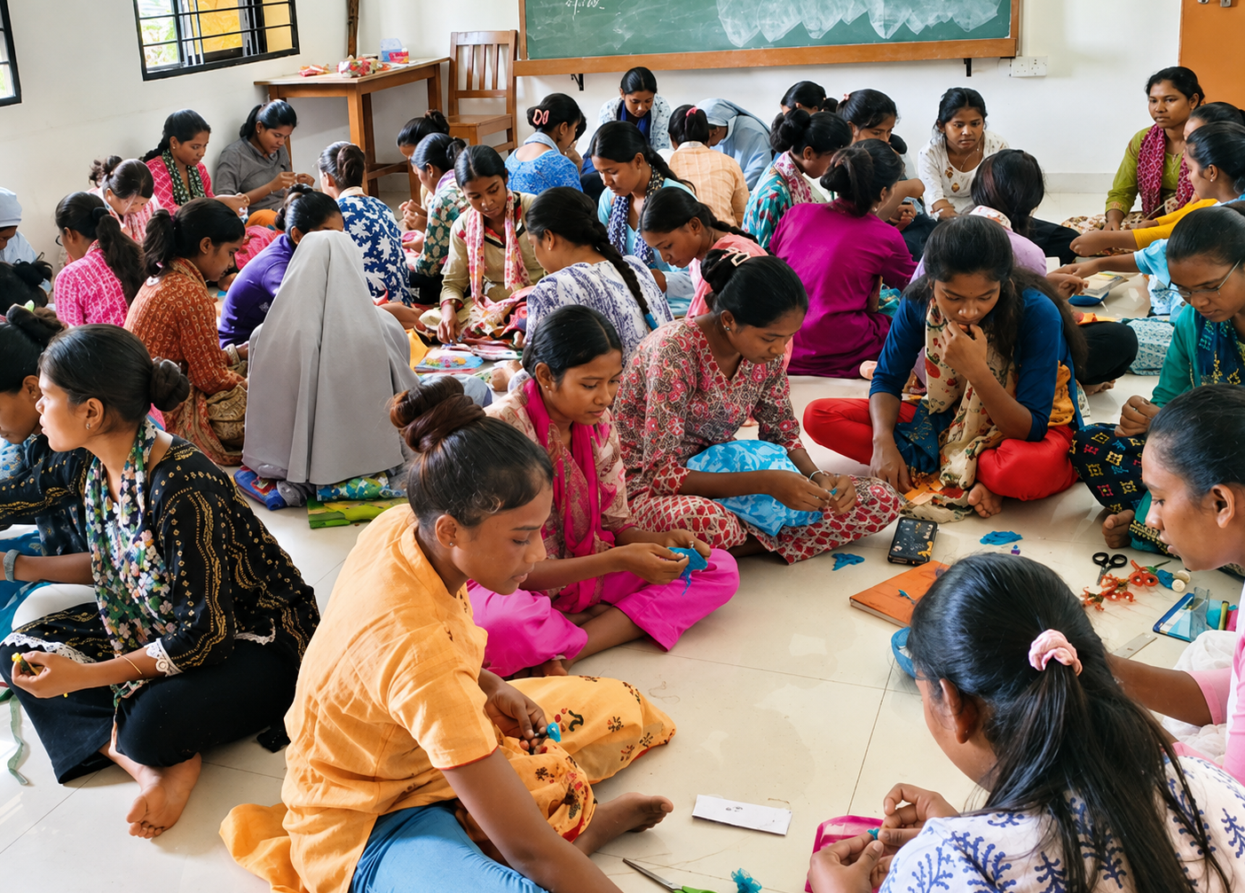 Trainees seated in a large craft workshop cutting and folding coloured paper